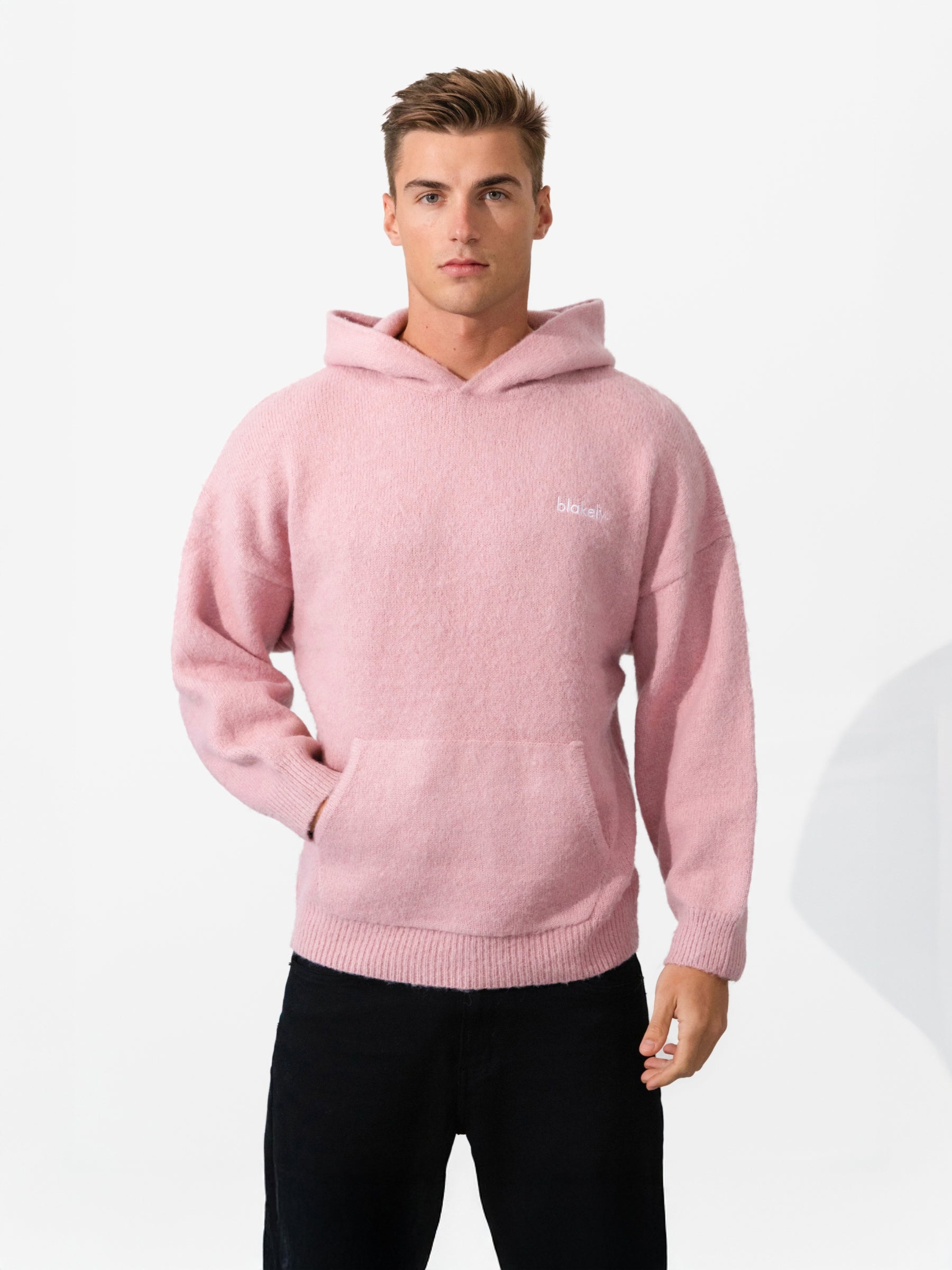 Buy Blakely Mens Pink Mason Relaxed Knitted Hoodie | Free delivery