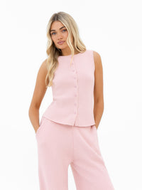 Zoey Ribbed Button Up Top - Baby Pink