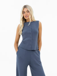 Zoey Ribbed Button Up Top - Smoky Blue
