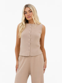 Zoey Ribbed Button Up Top - Tan