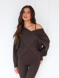 Enid Knitted Crossover Sweater - Chocolate Brown