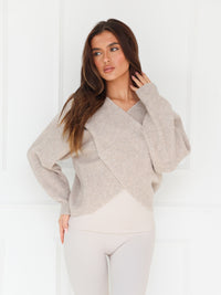 Enid Knitted Crossover Sweater - Toasted Taupe
