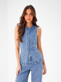 Blakely Denim Button Up Top - Light Blue