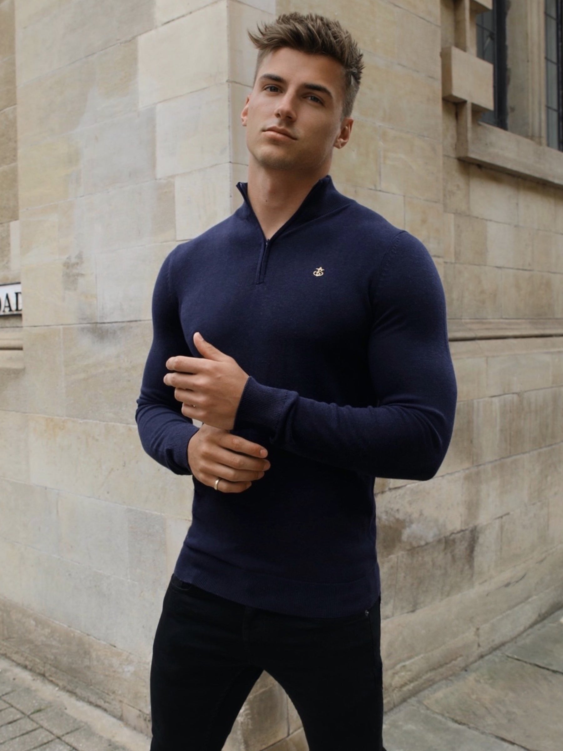 Buy Oxbridge Mens Navy Knitted 1/4 Zip Sweater | Free delivery on