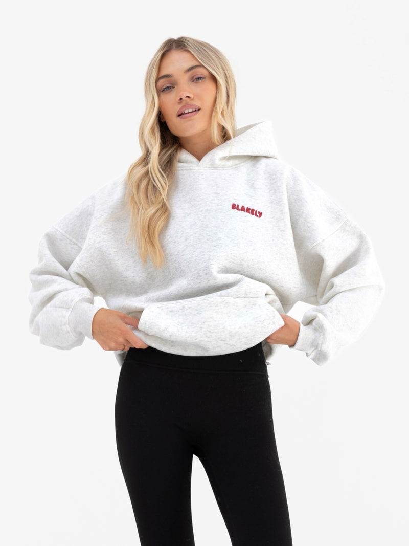 Cloud Print Oversized Hoodie - Marl White & Cherry Red