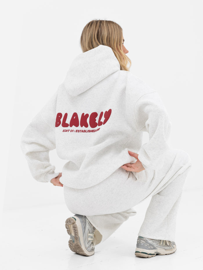 Cloud Print Oversized Hoodie - Marl White & Cherry Red