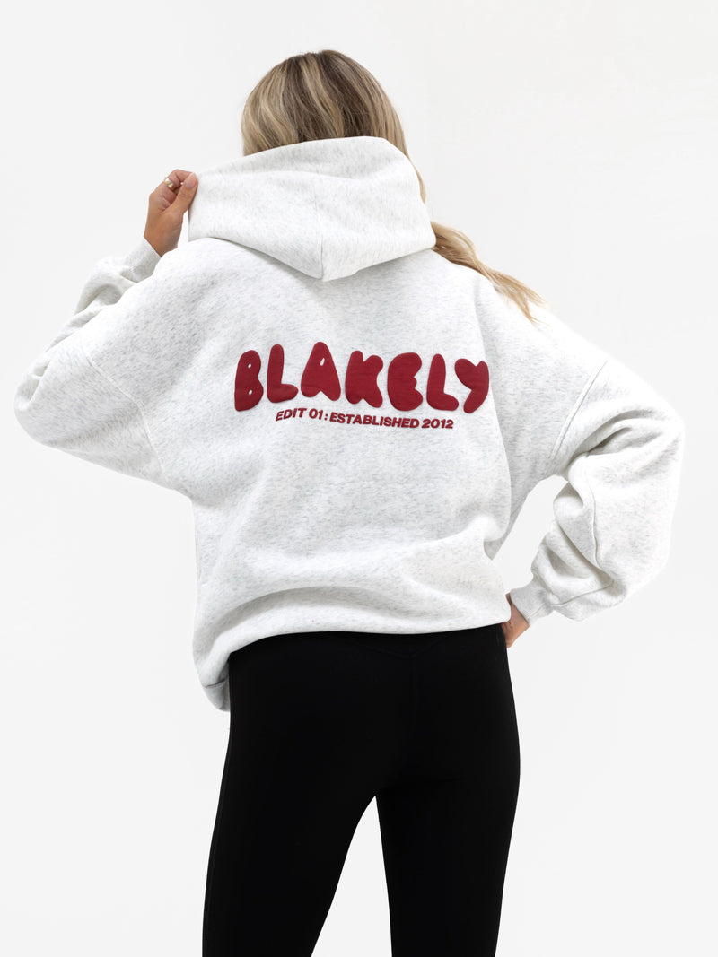 Cloud Print Oversized Hoodie - Marl White & Cherry Red