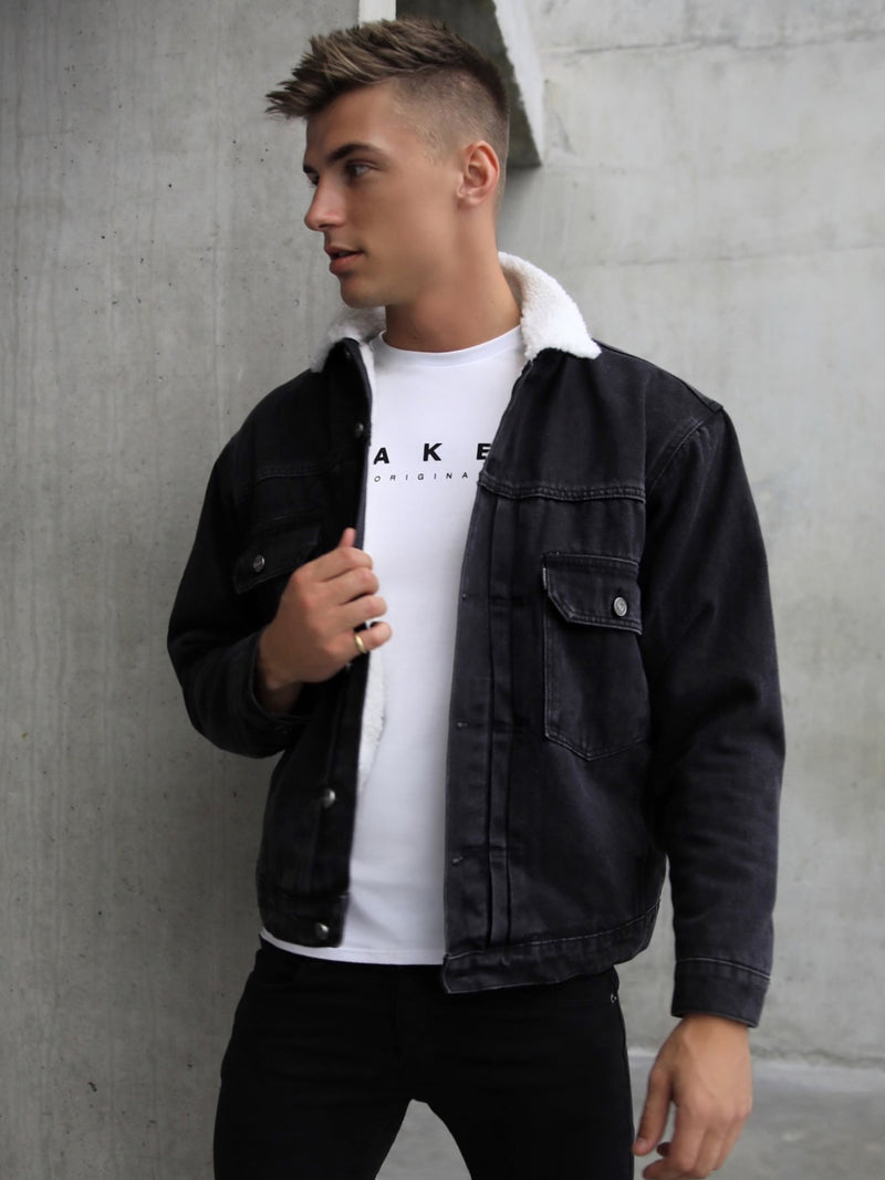 Mens black denim jacket with borg fashion collar