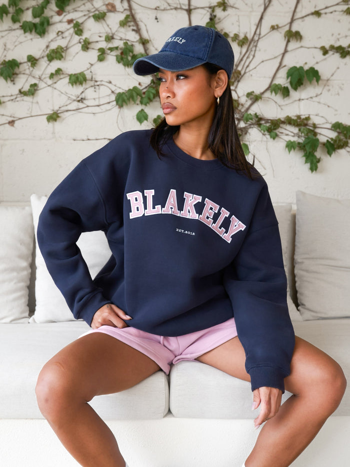 Varsity Oversized Sweater - True Navy & Vintage Pink