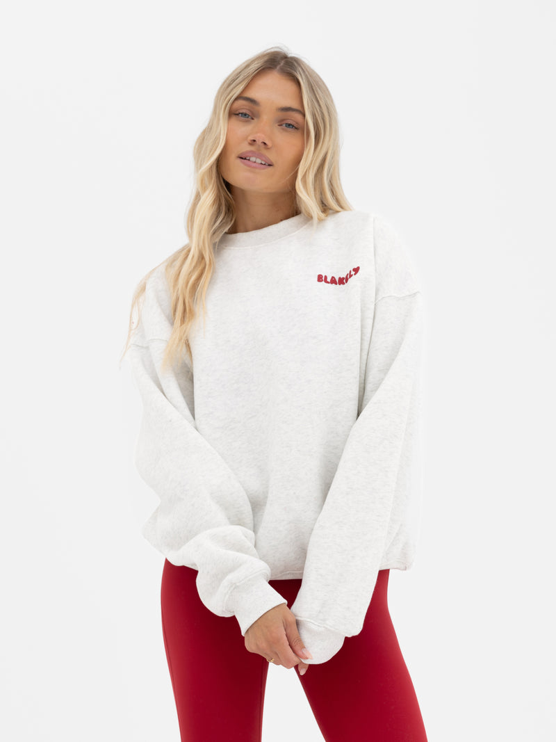 Cloud Print Oversized Sweater - Marl White & Cherry Red