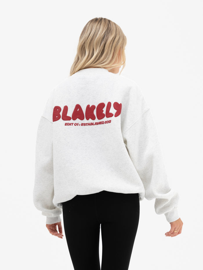 Cloud Print Oversized Sweater - Marl White & Cherry Red