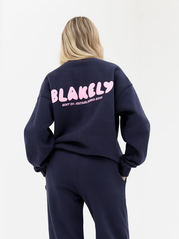 Cloud Print Oversized Sweater - True Navy & Powder Pink