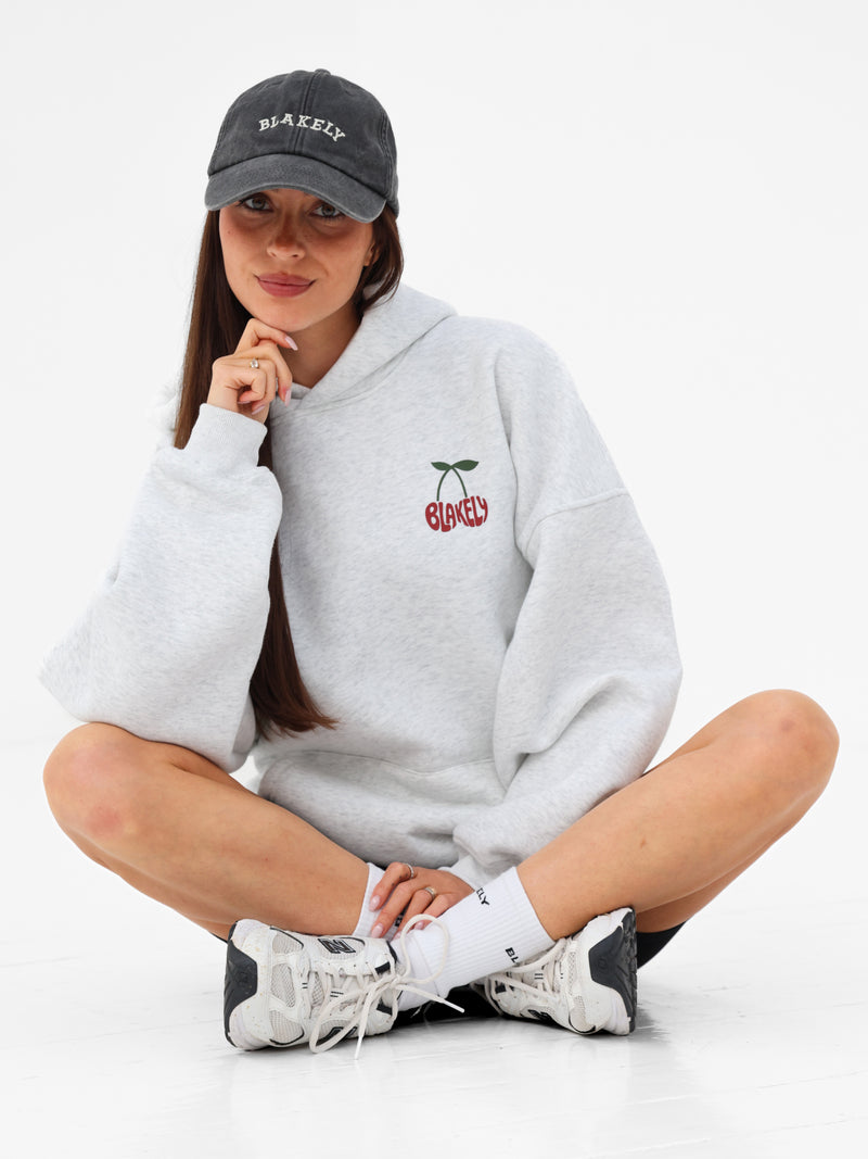 Cherry Bubble Print Oversized Hoodie - Marl White