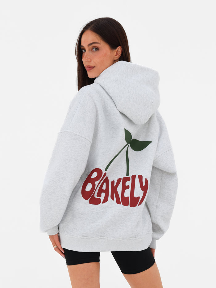 Cherry Bubble Print Oversized Hoodie - Marl White