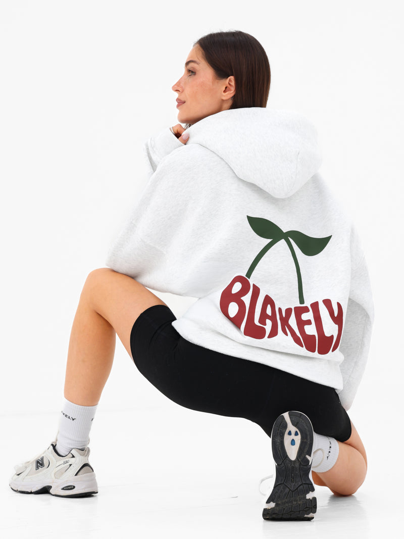 Cherry Bubble Print Oversized Hoodie - Marl White