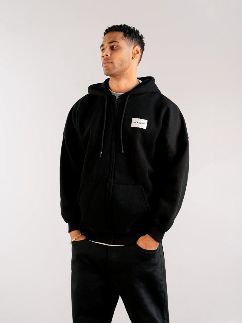 Label Relaxed Full Zip Hoodie - Black