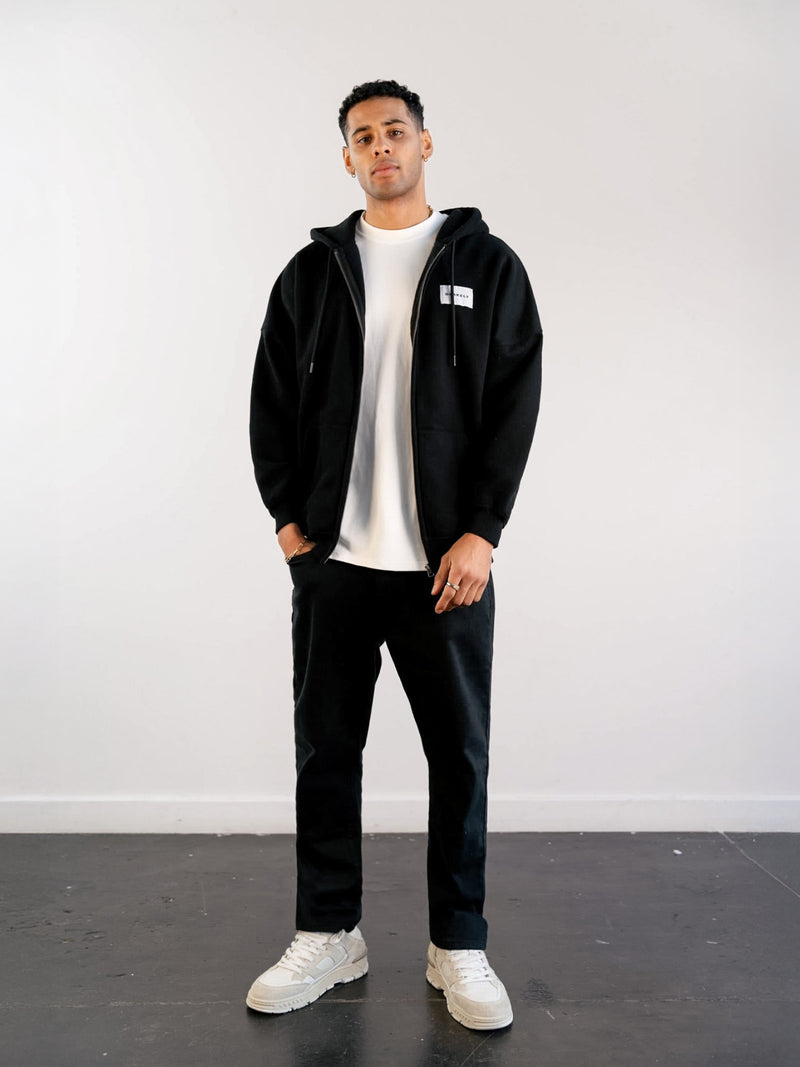 Label Relaxed Full Zip Hoodie - Black