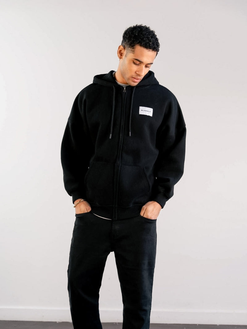 Label Relaxed Full Zip Hoodie - Black