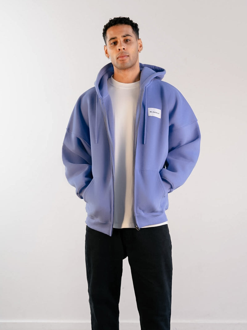 Label Relaxed Full Zip Hoodie - Lilac Blue