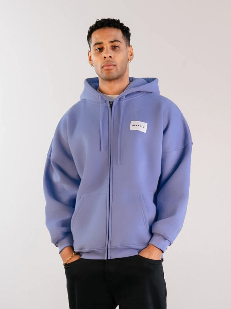 Label Relaxed Full Zip Hoodie - Lilac Blue