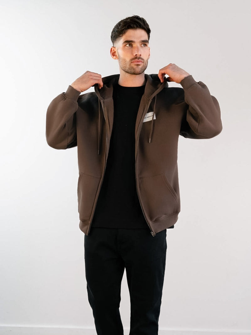 Label Relaxed Full Zip Hoodie - Slate Brown