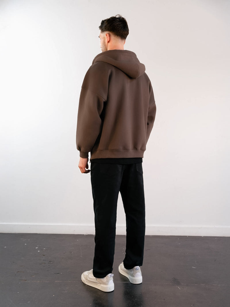 Label Relaxed Full Zip Hoodie - Slate Brown