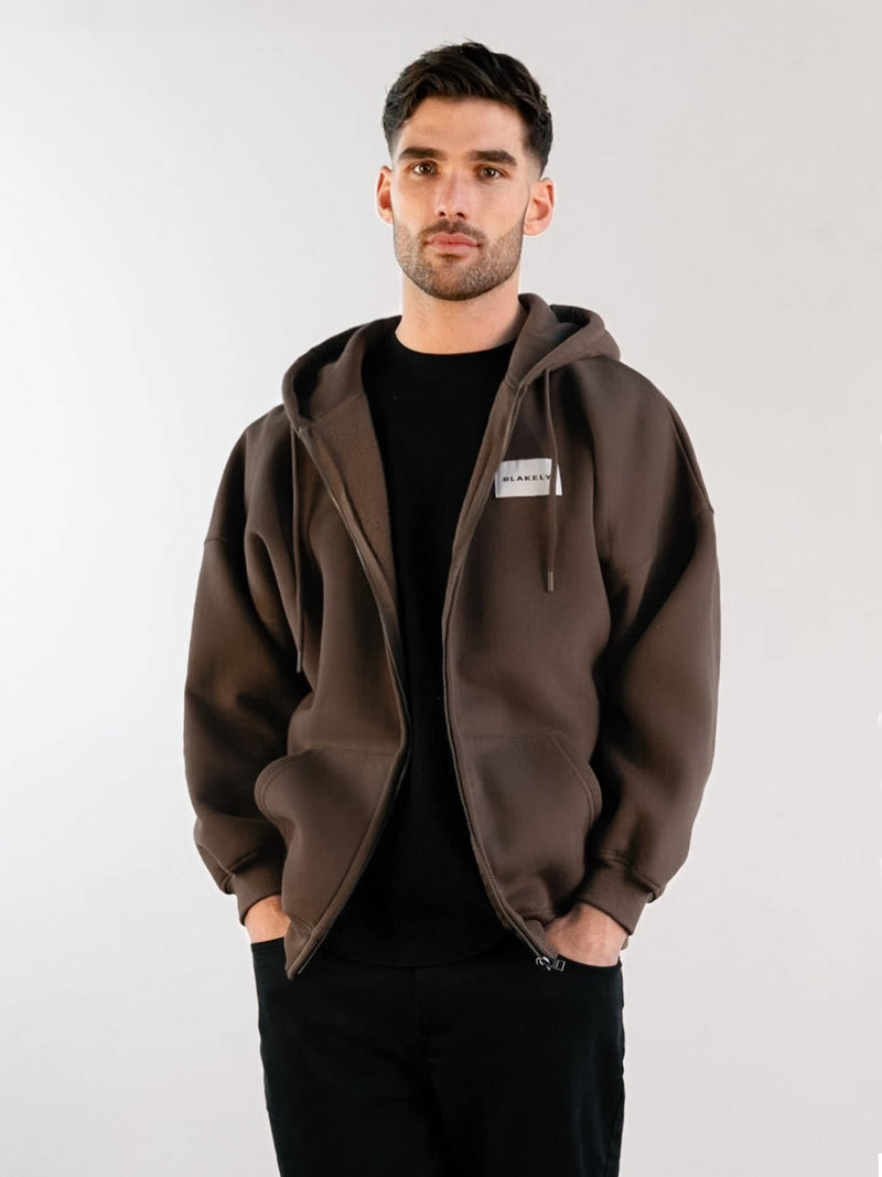 Label Relaxed Full Zip Hoodie - Slate Brown