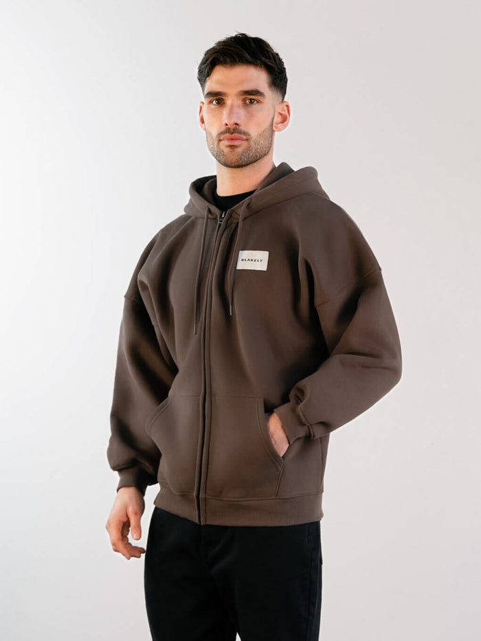 Label Relaxed Full Zip Hoodie - Slate Brown