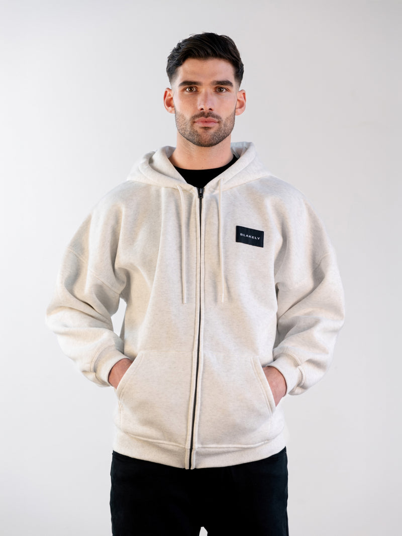 Label Relaxed Full Zip Hoodie - Marl White