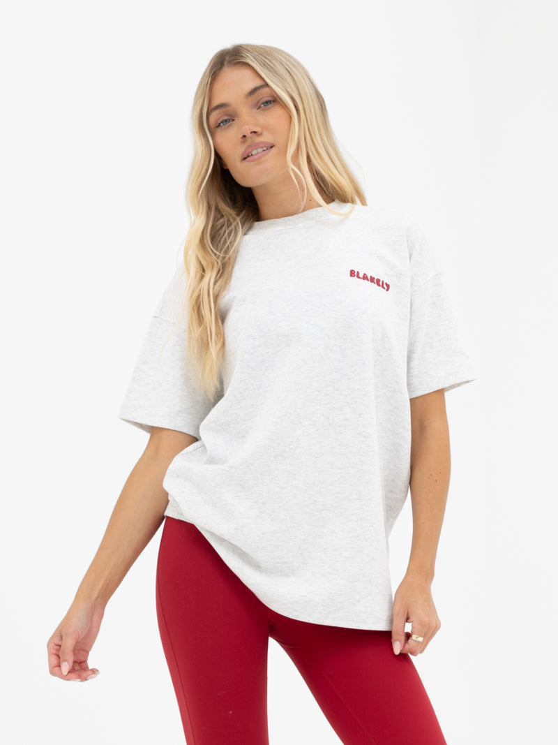 Cloud Print Oversized T-Shirt - Marl White & Cherry Red