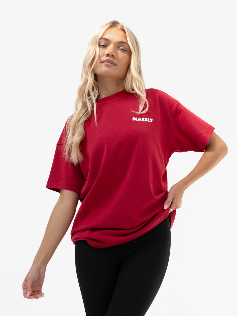 Cloud Print Oversized T-Shirt - Cherry Red