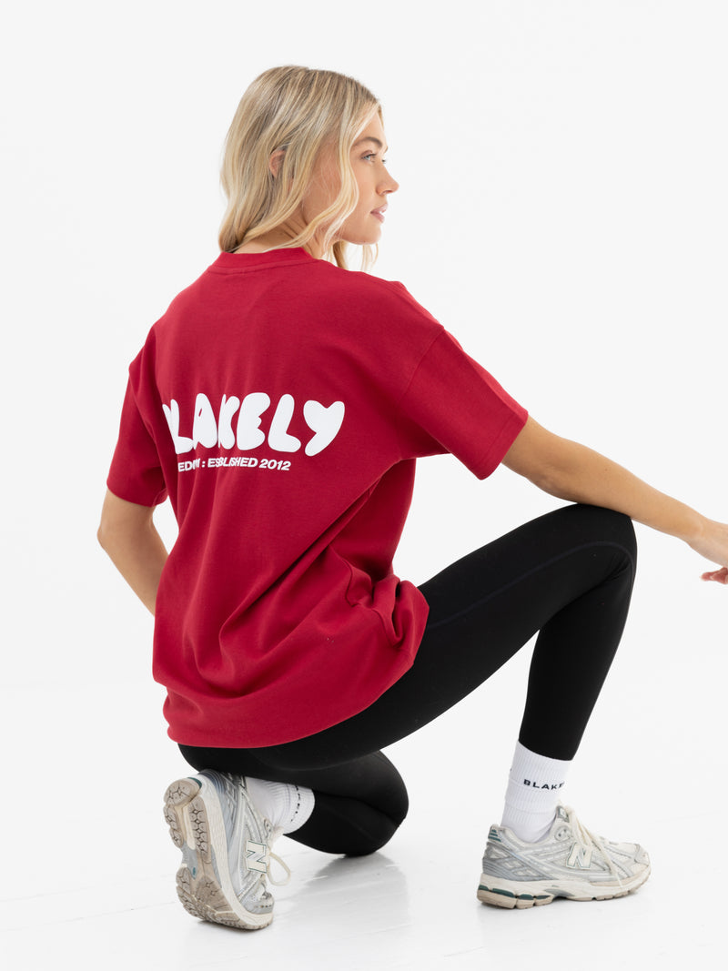 Cloud Print Oversized T-Shirt - Cherry Red