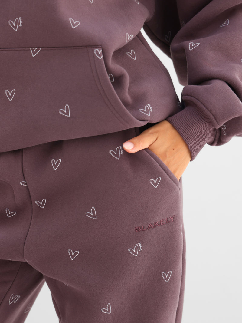 Rhea Heart Print Cuffed Sweatpants - Washed Plum