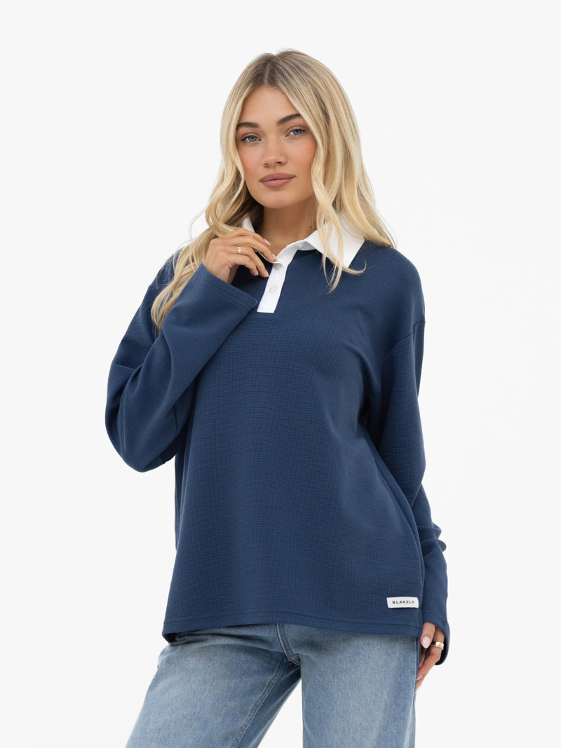 Soft Waffle Rugby Shirt - Blue