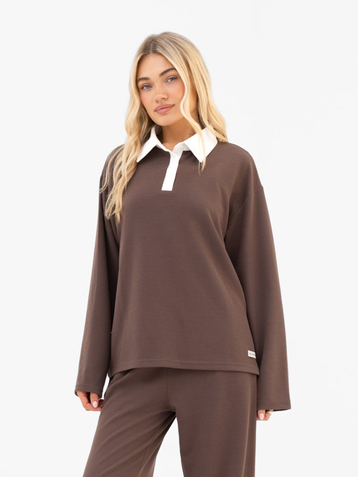 Soft Waffle Rugby Shirt - Brown