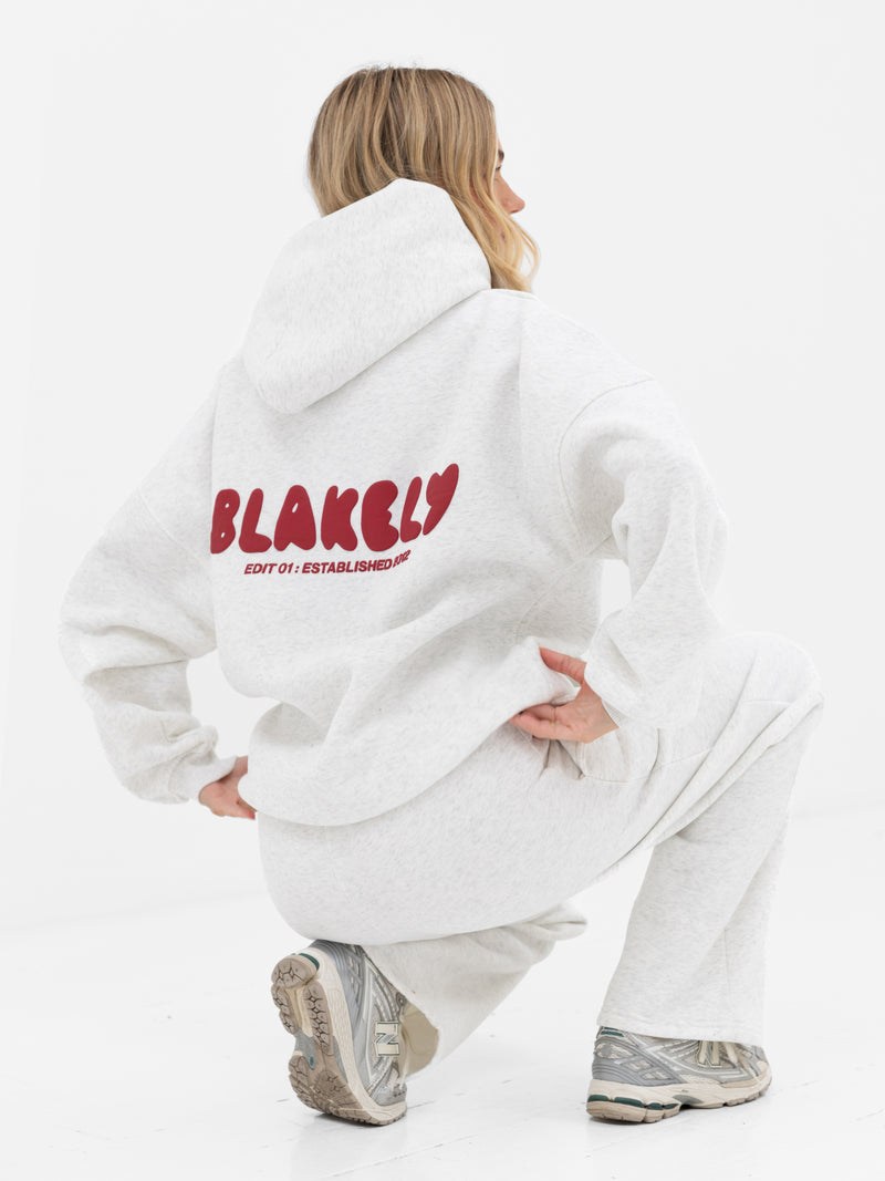 Cloud Print Wide Leg Sweatpants - Marl White & Cherry Red