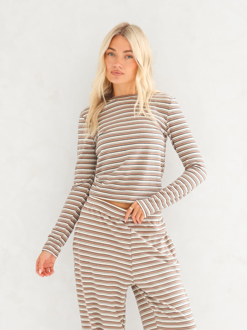 Sadie Stripe Long Sleeve Top - Tan Stripe
