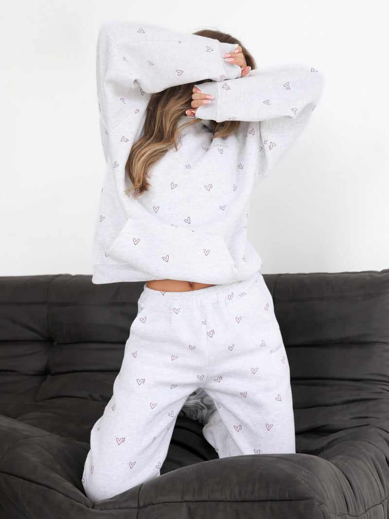 Rhea Heart Print Oversized Hoodie - Marl White