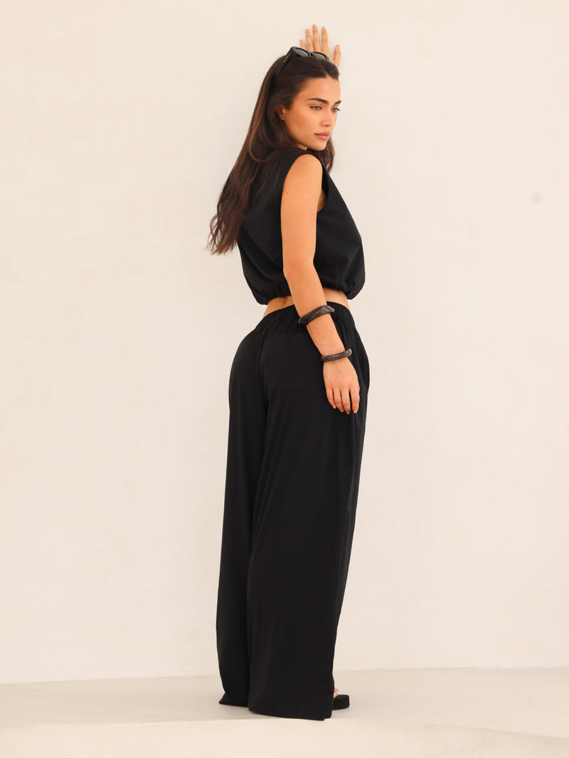 Kaia Wide Leg Poplin Trousers - Black