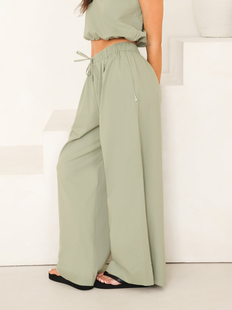 Kaia Wide Leg Poplin Trousers - Pistachio