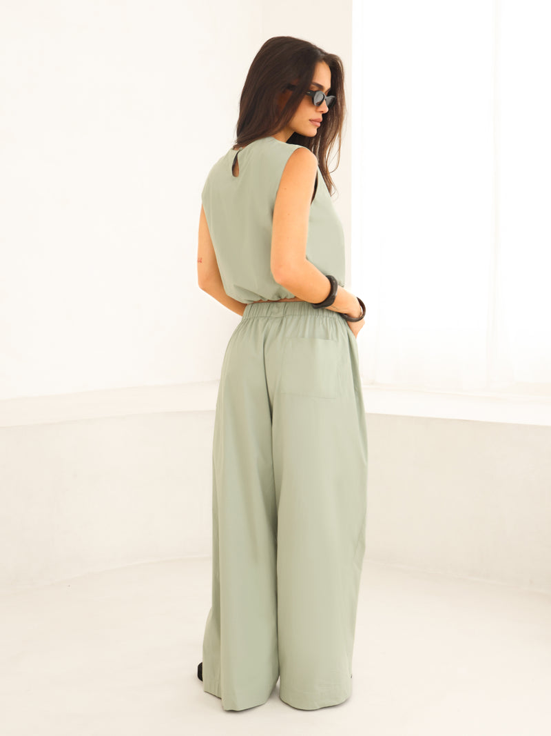 Kaia Wide Leg Poplin Trousers - Pistachio