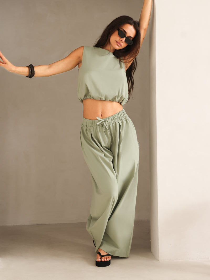 Kaia Wide Leg Poplin Trousers - Pistachio