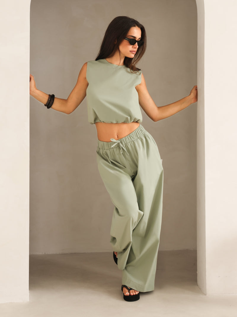 Kaia Wide Leg Poplin Trousers - Pistachio