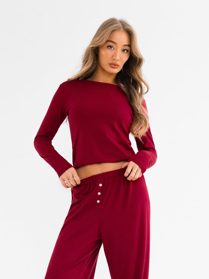 Rosie Pointelle Long Sleeve Top - Soft Burgundy