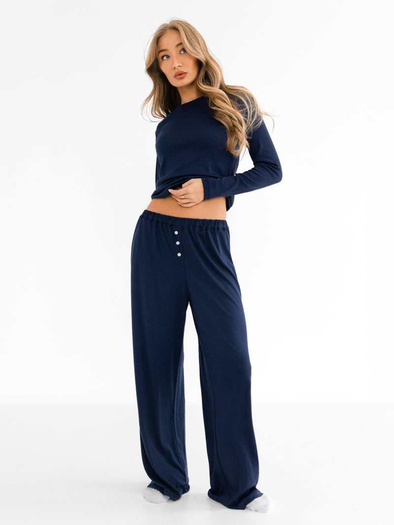 Rosie Pointelle Long Sleeve Top - Light Navy
