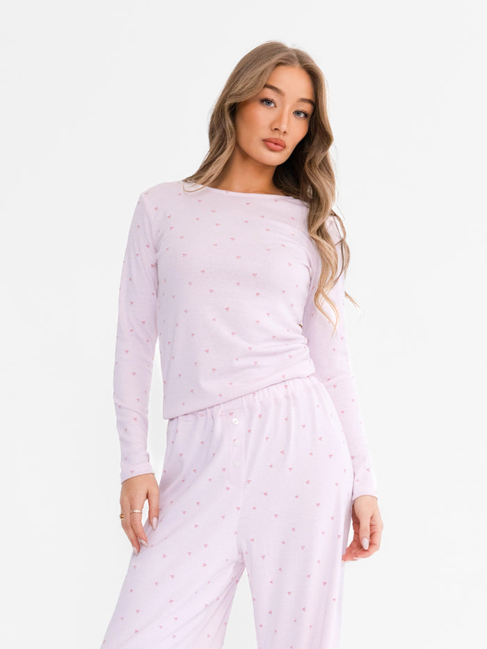 Avery Pointelle Long Sleeve Top - Heart Print