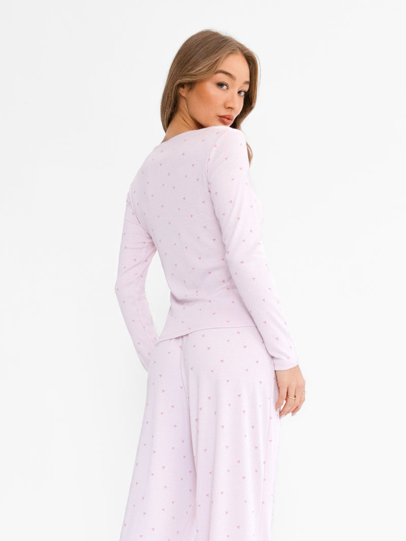 Avery Pointelle Long Sleeve Top - Heart Print