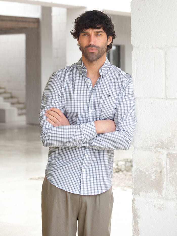 Conrad Long Sleeve Checked Shirt - White & Blue