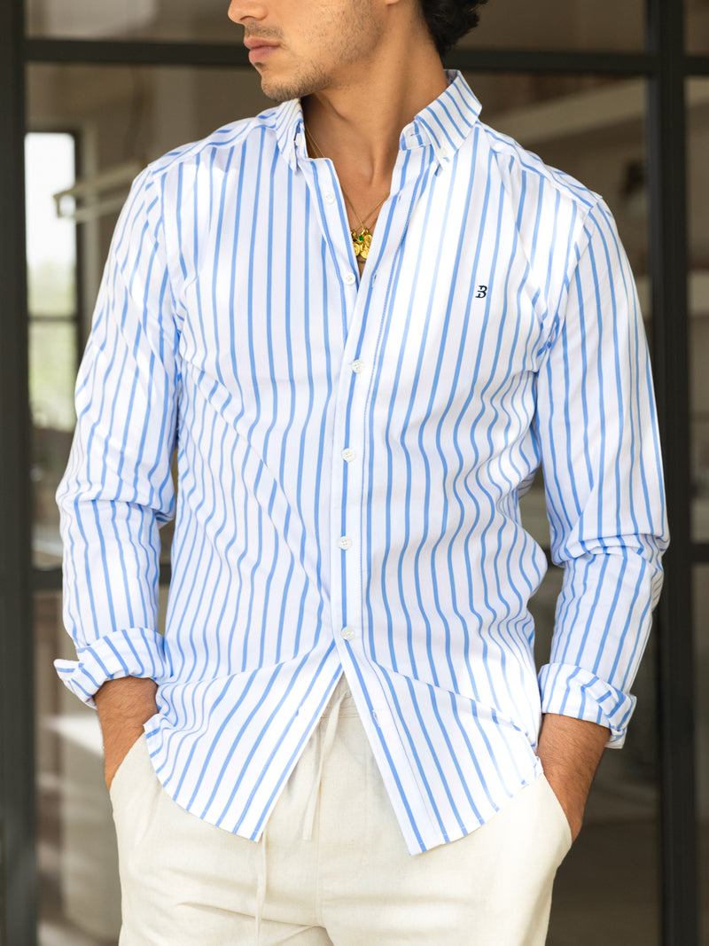 Elias Long Sleeve Stripe Shirt - White & Light Blue