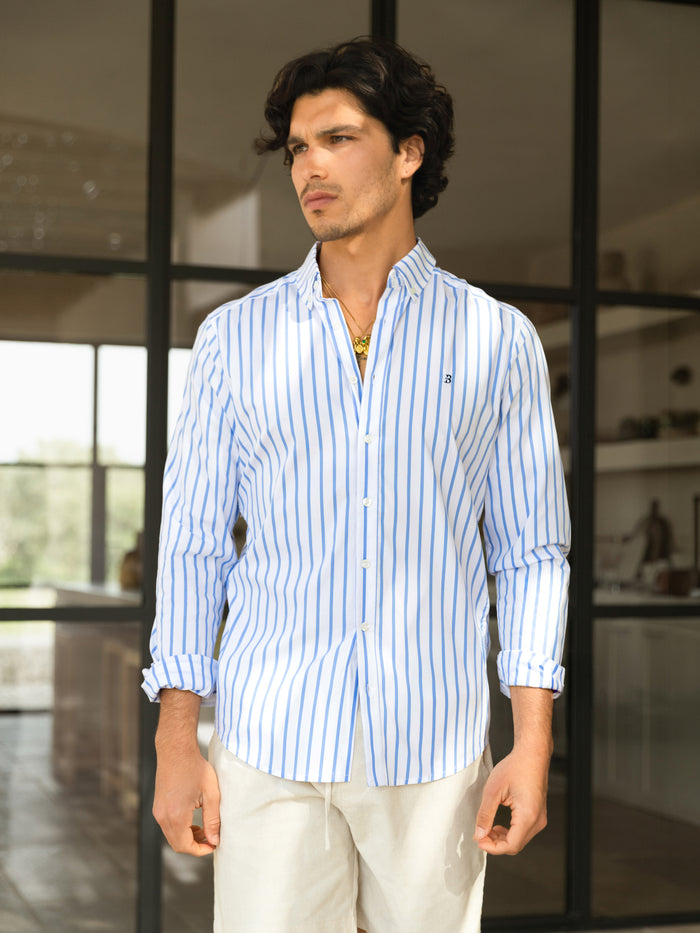 Elias Long Sleeve Stripe Shirt - White & Light Blue